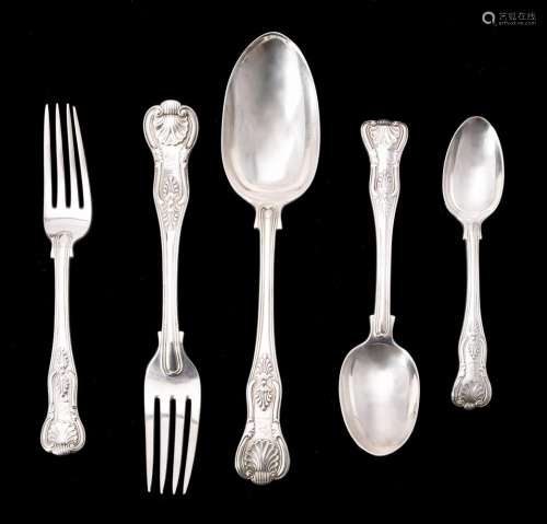 A Victorian silver King's pattern part table service for six...