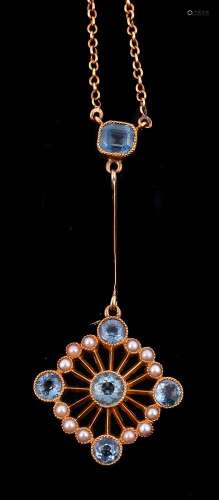 An early 20th century aquamarine and seed pearl pendant