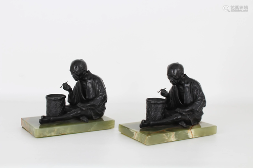 (2) Mixed Metal Chinese Figures on Onyx Base