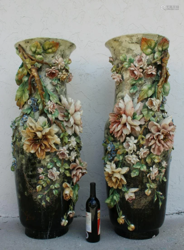 Pair of Palatial Floral Majolica Vases