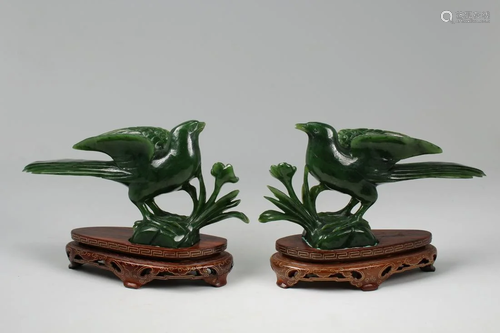 (2) Carved Chinese Carved Spinach Jade Phoenixes