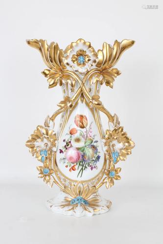 19th C. French Gilt Porcelain Floral Vase