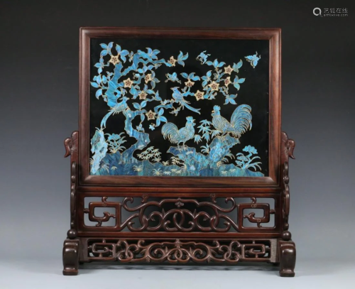 A KINGFISHER INLAID HARDWOOD CARVING TABLE SCREEN