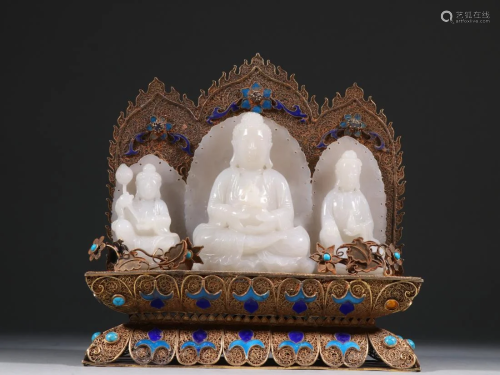 A SET OF JADE CARVING BUDDHAS ON GILT SILVER STAND
