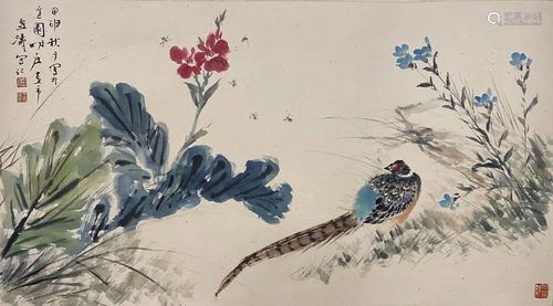 PAINTING OF GOLDEN PHEASANT AND FLOWERS, WANG …