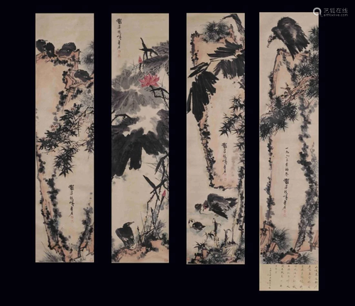 A FOUR-PANEL CHINESE PAINTING, PAN TIANSHOU