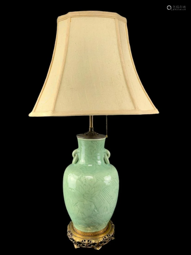 Chinese Celadon Vase Lamp, Brass Base