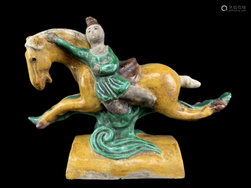 Chinese Glazed Figural Roof Tile, Woman & Horse