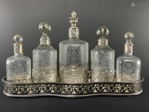 Lot Of 5 Silver Cased And Etched Glass Decanters