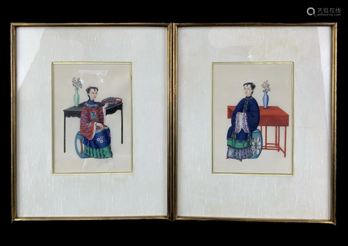 Pair Antique Chinese Rice Paper Painted Portraits