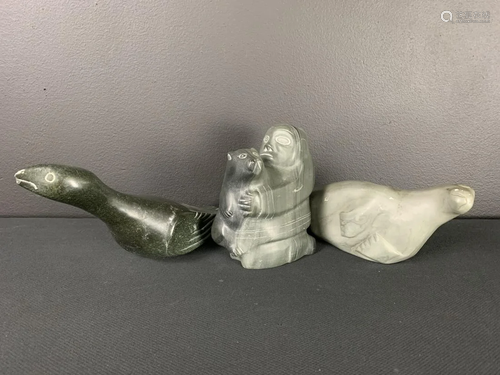 Lot Of 3 Large Inuit Soapstone Carvings