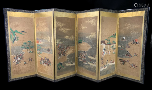 Edo Period Japanese Screen, Samurai Battle Scene