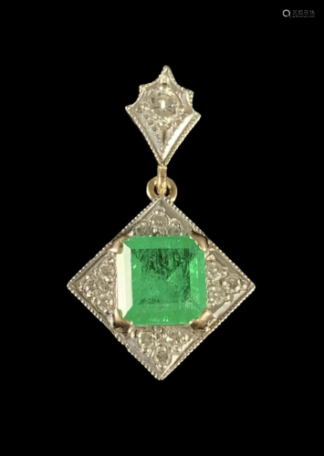 14 K Gold, Diamond Emerald Art Deco Style Pendant
