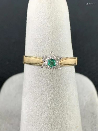 14 K Gold Diamond And Emerald Ring, Size 6