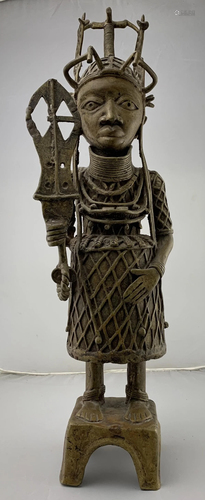 African Benin Bronze Oba Figure On Pedestal