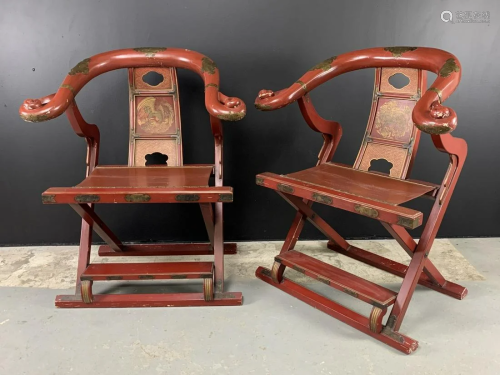 Antique Chinese Red Lacquer Folding Scholar Chairs