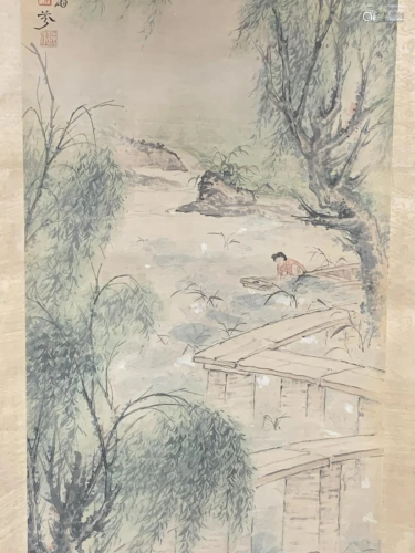 Chinese Painting On Paper, Landscape With Figures