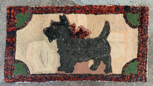 Antique Folk Art Scotty Dog Hooked Rug