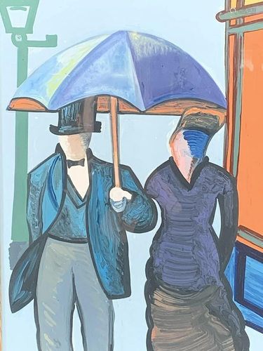 Signed Dibari Gouache, Art Deco Couple Walking