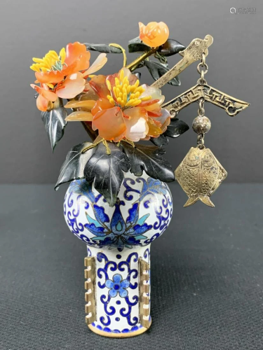 Chinese Cloisonne Jade Tree Vase Silver Ornament