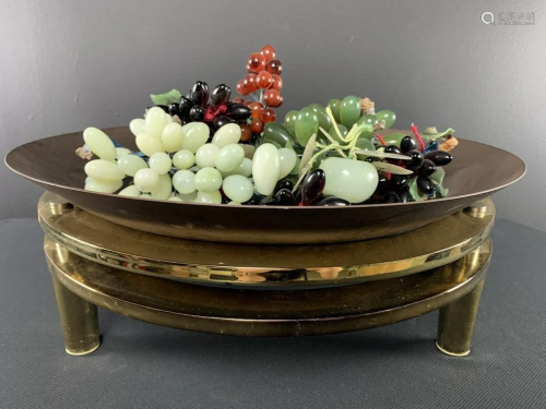 Lot Of Jade Grapes In Brass Centerpiece D I A