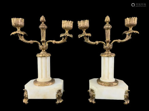 Antique French Empire Bronze Marble Candle Holders