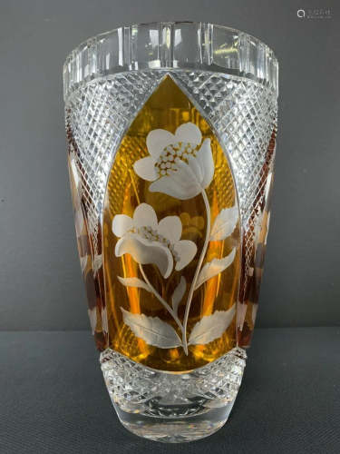 Polish Cut To Clear Amber Floral Vase