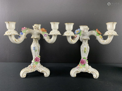 Pair Dresden Hand Painted Porcelain Candelabras