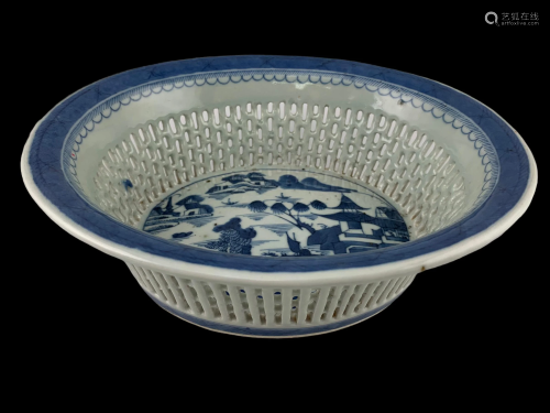 Chinese Export Blue And White Pierced Work Basket