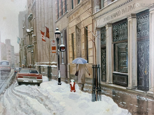 Andris Leimanis Oil On Cavas Winter Street Scene
