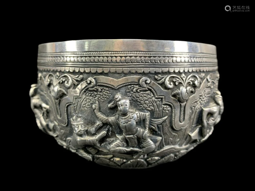 Chased And Repousse Burmese Silver Bowl