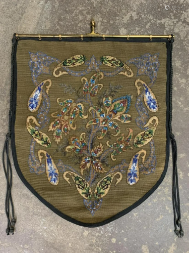 Antique Beaded Heraldic Armorial Tapestry Shield