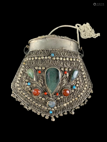Sajai Indian Silver Embellished Inlaid Purse