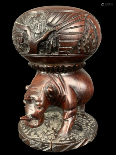 Finely Carved Mahogany African Rhino Bowl