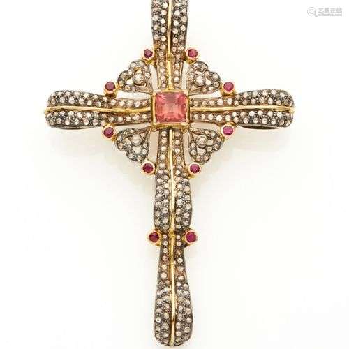 Important PENDENTIF « croix » en or jaune (750) et argent (m...