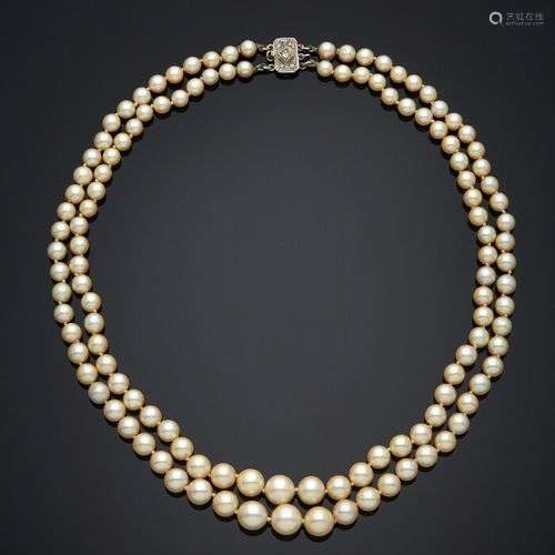 COLLIER composé de deux rangs de perles de culture blanches....