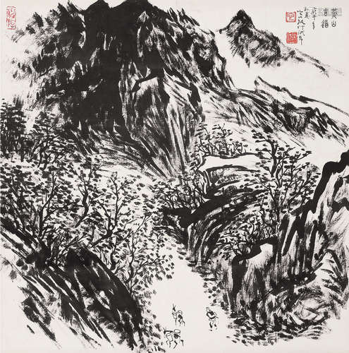 张汀 焦墨燕山古道图 立轴 纸本