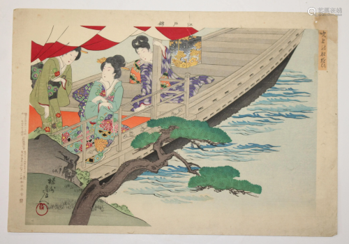 Japanese woodblock print of Geishas on a boat - 10