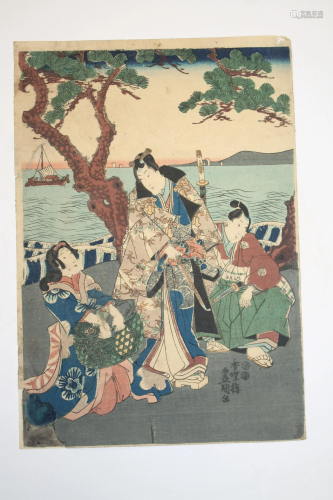Japanese woodblock print of Samurais & Geisha - 14