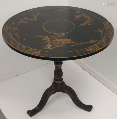 Chinoiserie Black Lacquer round Candle Stand Table -