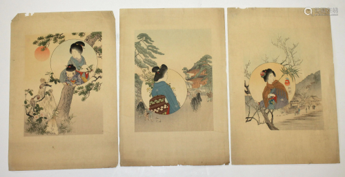 3 Japanese woodblock prints featuring a Geisha in a