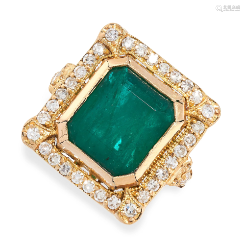 AN EMERALD AND DIAMOND RING in 18ct yellow gold, set