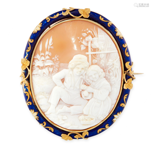 AN ANTIQUE CARVED CAMEO AND ENAMEL BROOCH, 19TH CENT…