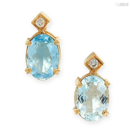 A PAIR OF AQUAMARINE AND DIAMOND EARRINGS in yellow