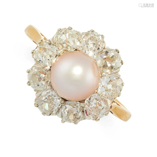 AN ANTIQUE NATURAL PEARL AND DIAMOND CLUSTER RING in