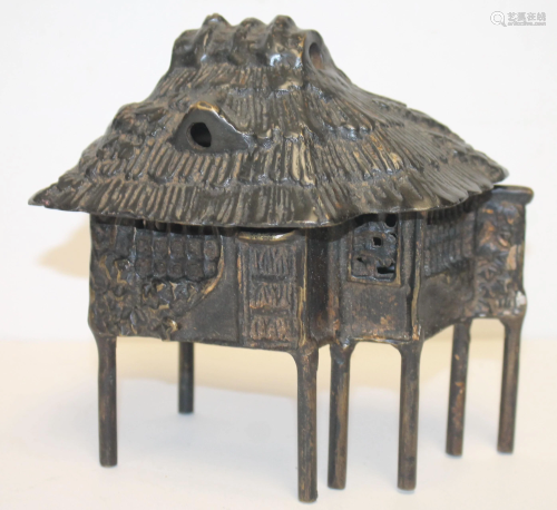 Japanese bronze censer - hut on stilts - 5