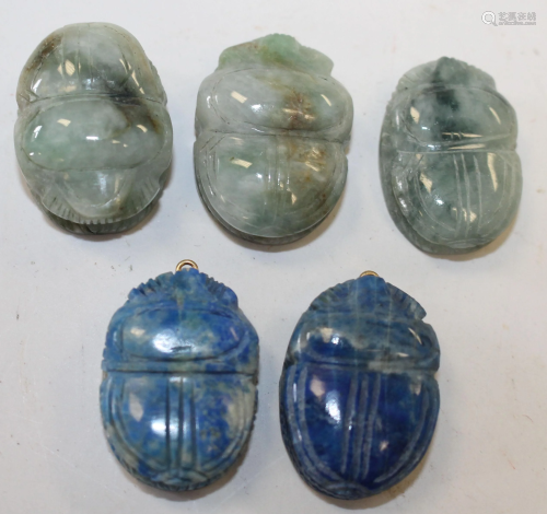 5 Asian scarabs - 3 jade & 2 lapis - approx 1