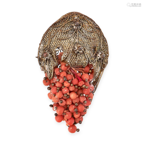AN ANTIQUE CORAL BROOCH designed as a bunch of grapes,