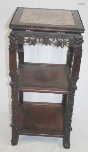 Chinese carved taboret w inset marble top - 15