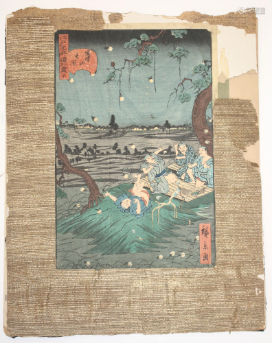 Japanese woodblock print of 4 men joking on picnic